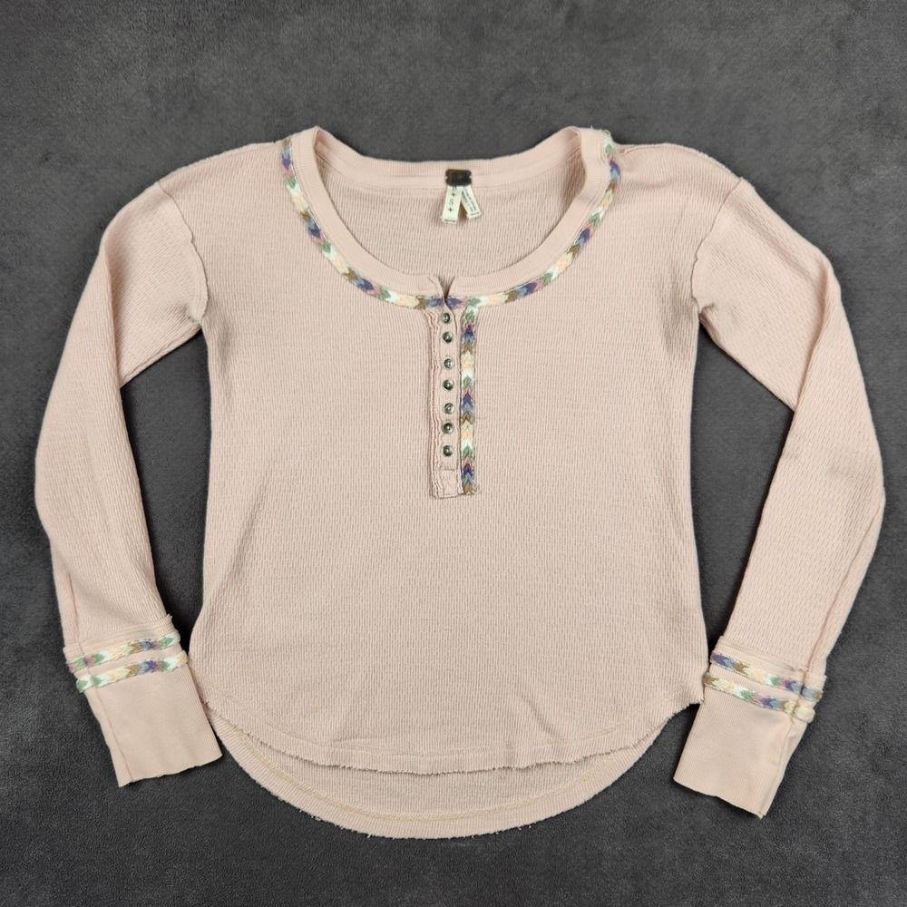 Free People We The Free Rainbow Thermal Henley Shirt Womens‎ Small Pink Tee